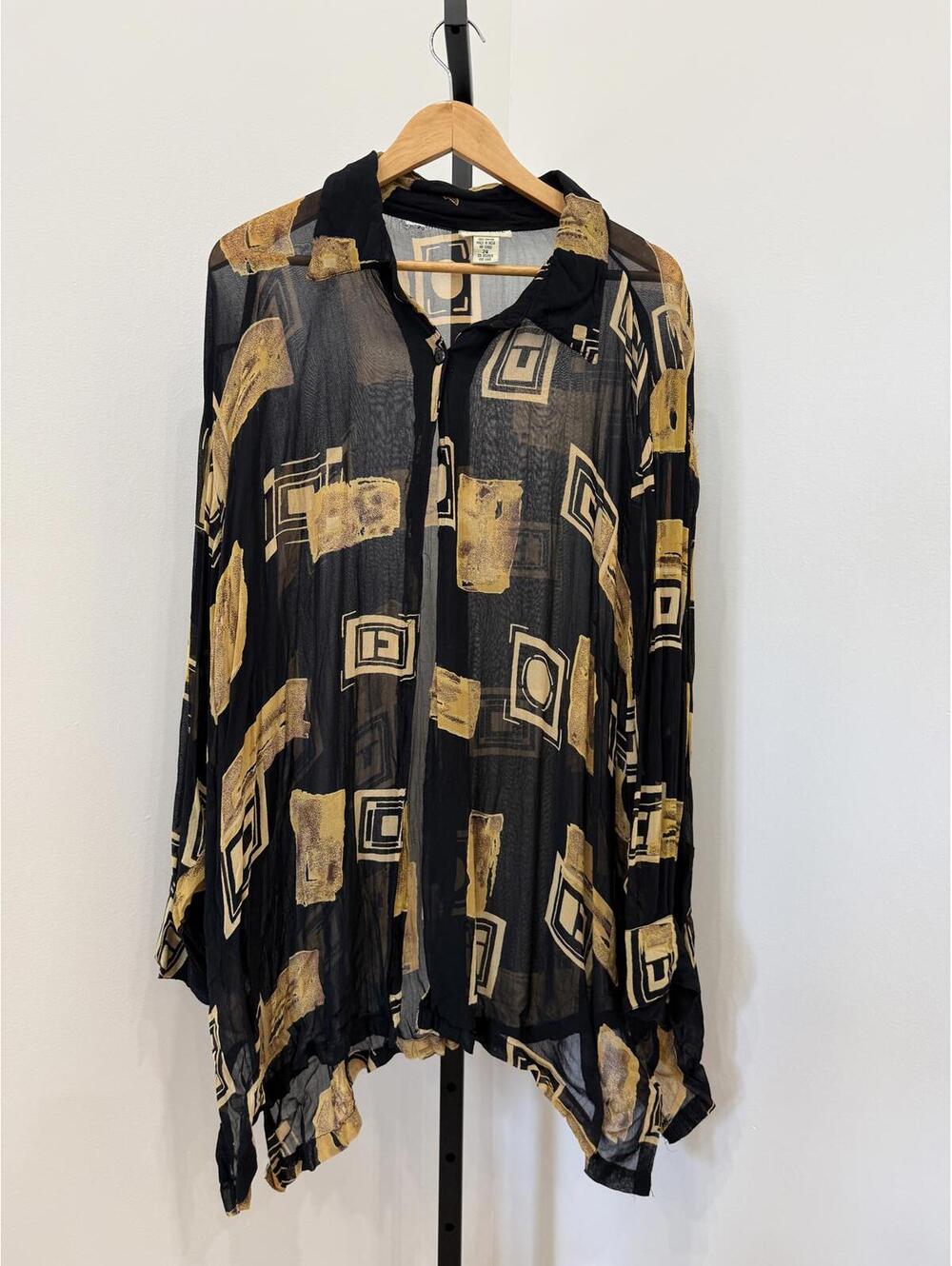 The Avenue 26 Sheer Black and Gold Patterned Long Sleeve Blouse
